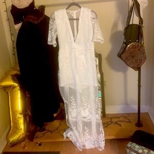 White lace romper with floor length lace